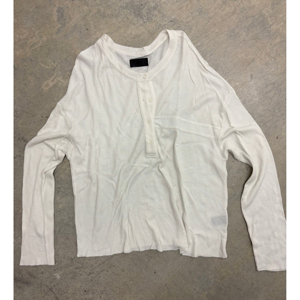 RTA Women's White Waffle‎ Knit Long Sleeve Henley Top